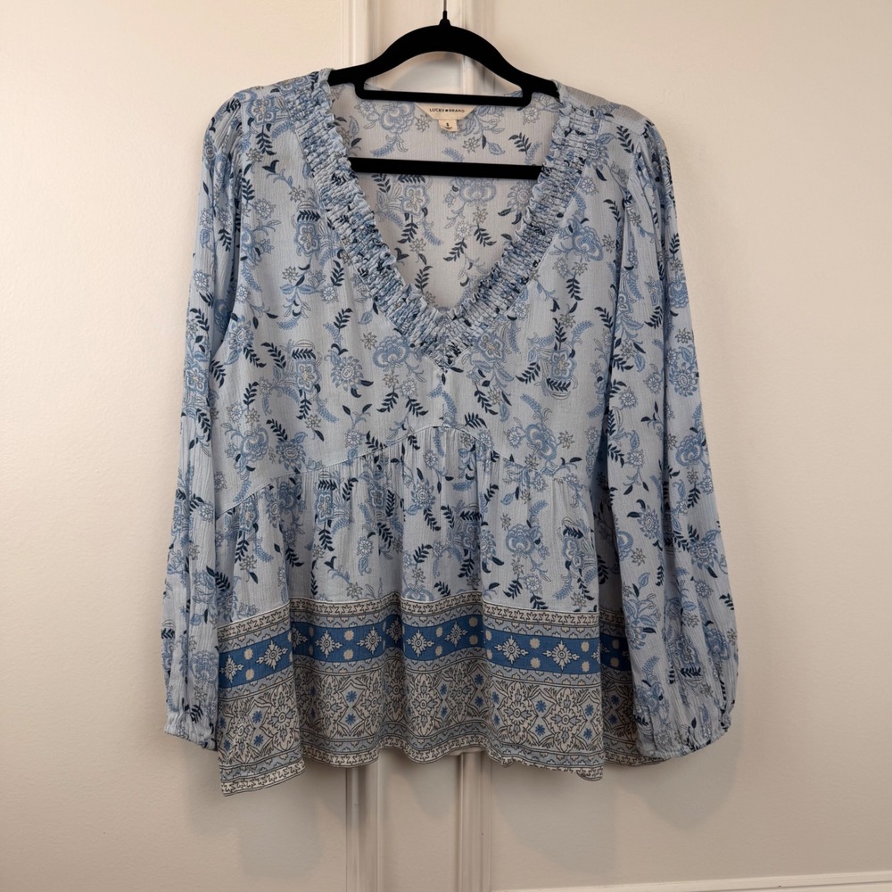 Lucky Brand Blue Floral Smocked V-Neck Peasant Blouse Long Sleeve Top Small